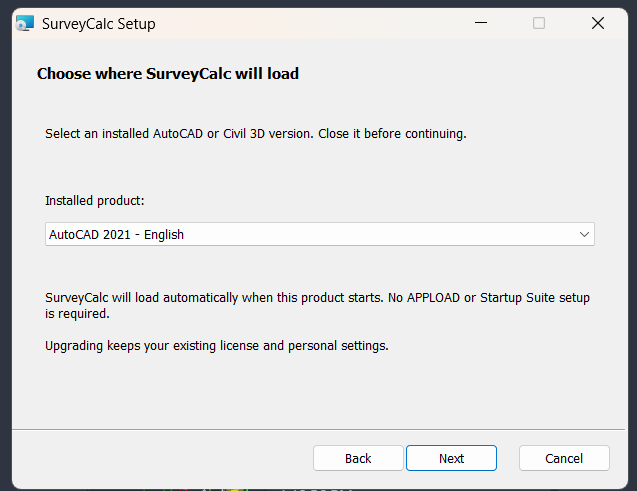 SurveyCalc Setup with an Installed product dropdown for selecting the version of AutoCAD