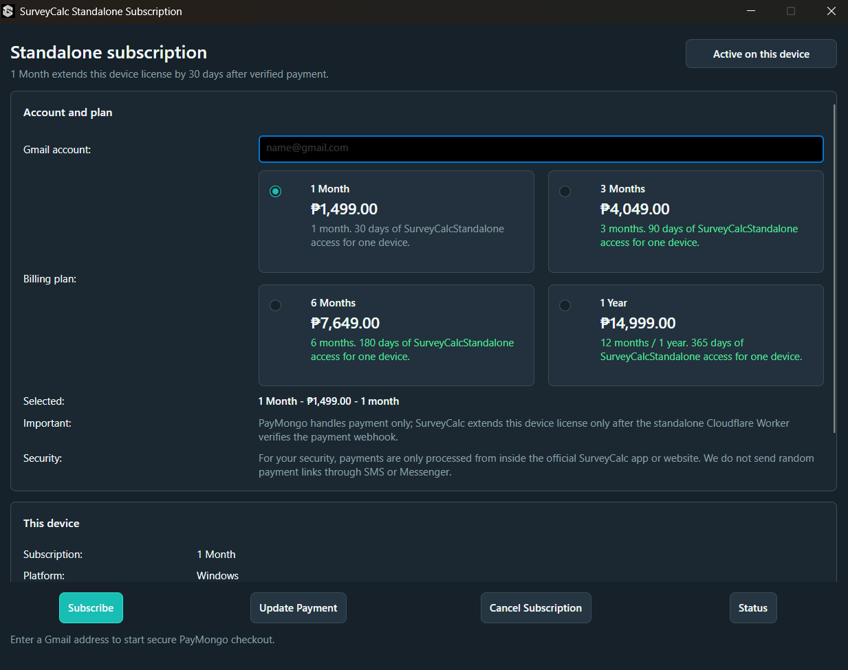 SurveyCalc Standalone subscription screen with Gmail account field, billing plans, and Subscribe button