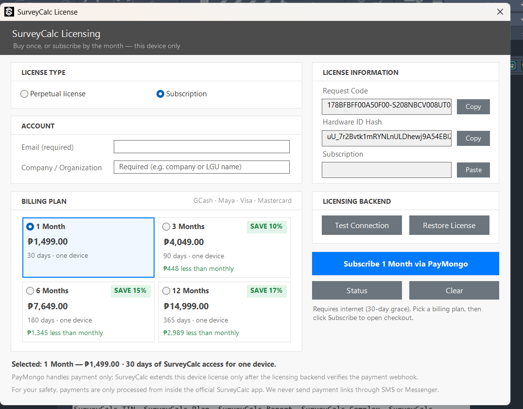 SurveyCalc Licensing window showing license type, email and company fields, billing plans, and the Subscribe via PayMongo button