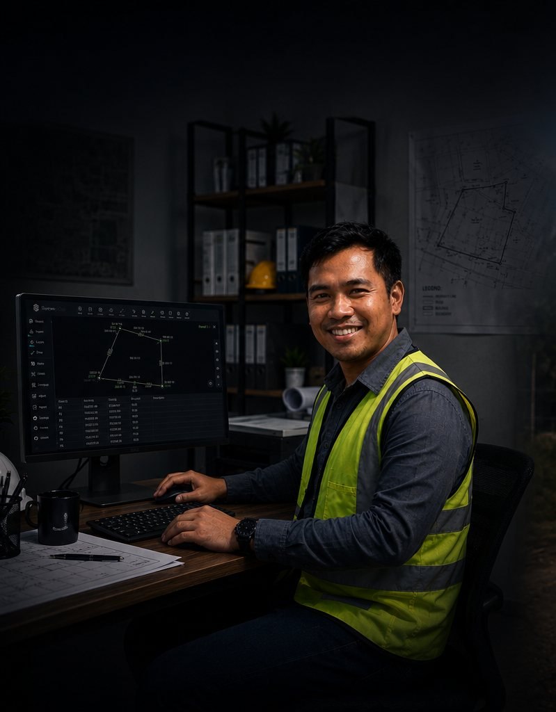 Surveyor working with SurveyCalc at an office workstation